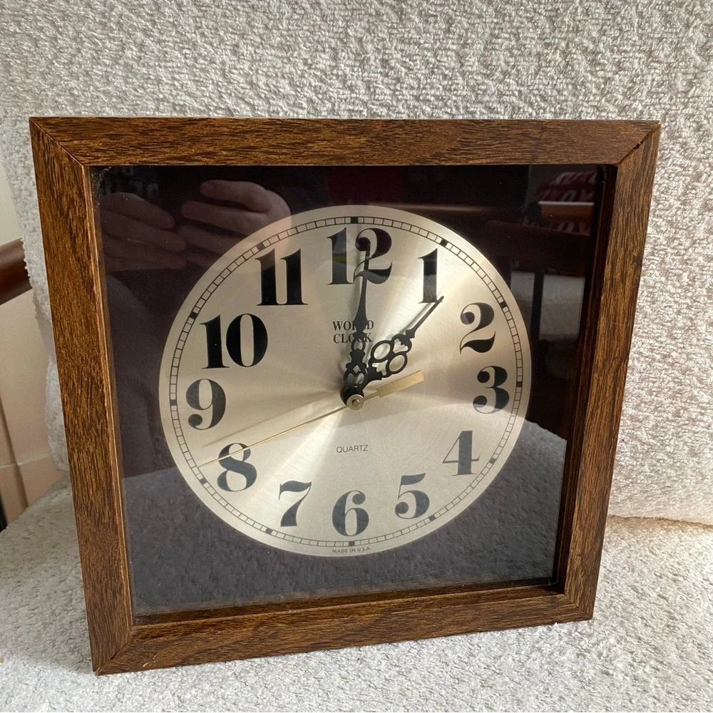 Vintage World Clock 11 in Square Shadowbox Clock Quartz Made In USA